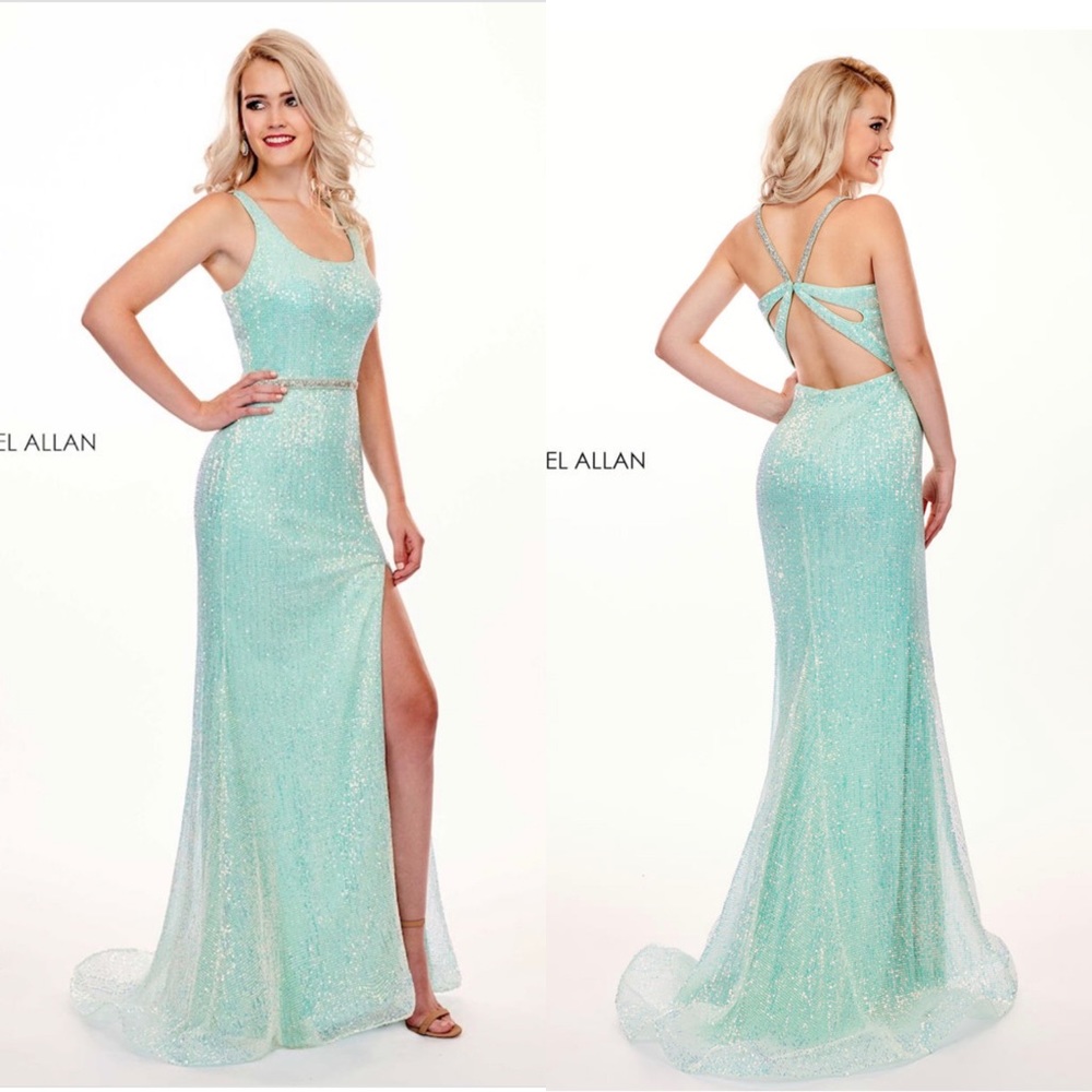 Mint Iridescent, all-glitter sweep train gown